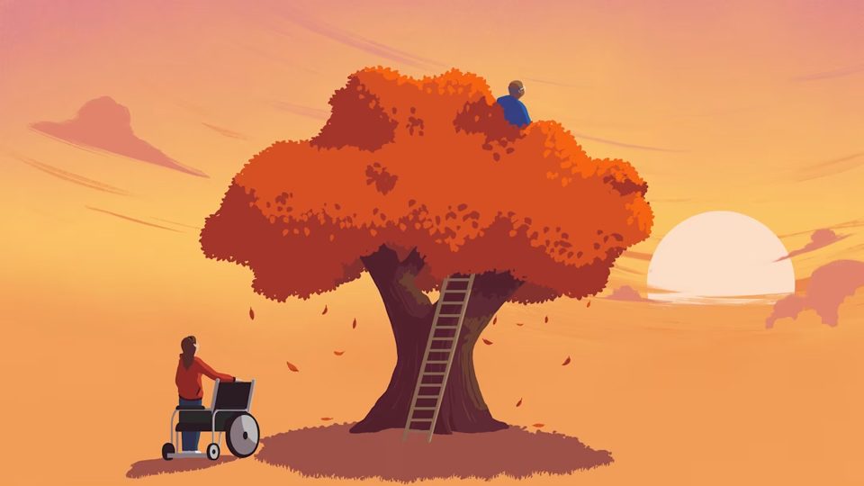 Illustration of a woman with an empty wheelchair looking up at an older man sitting in the top of an autumn tree at sunset